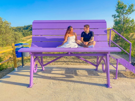 coppia seduta sulla panchina gigante viola di Reggio Emilia